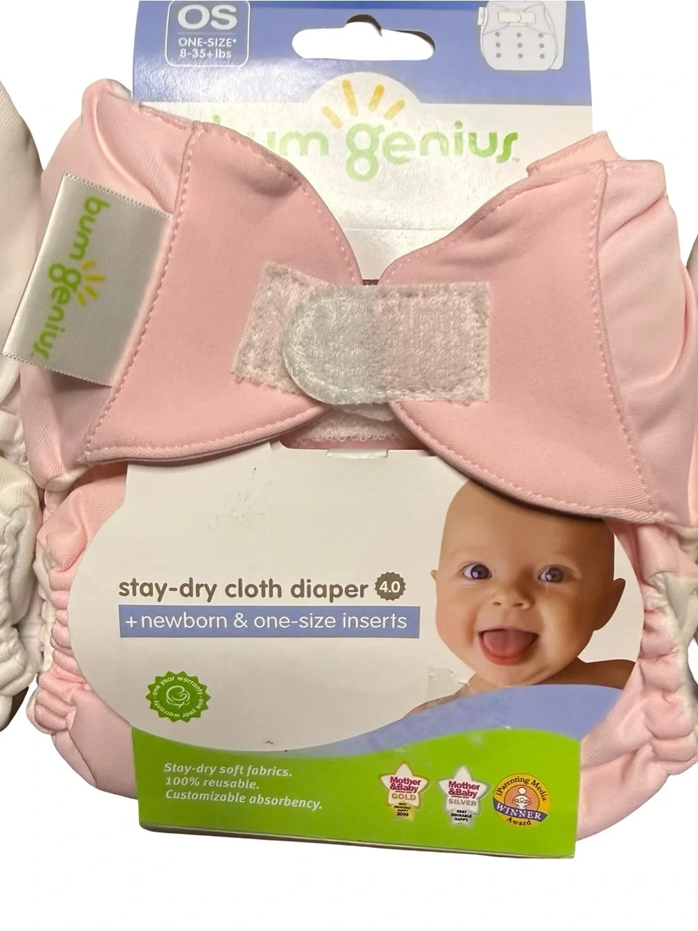bumGenius Pocket Style Stay-Dry Cloth Diapers 2 White 1 Pink O/S 8-35 lbs new